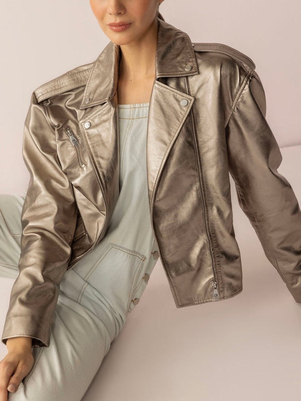 Bohera Astrid Shimmer Lamb Leather Jacket in Cosmic Silver Size S NWT Genuine